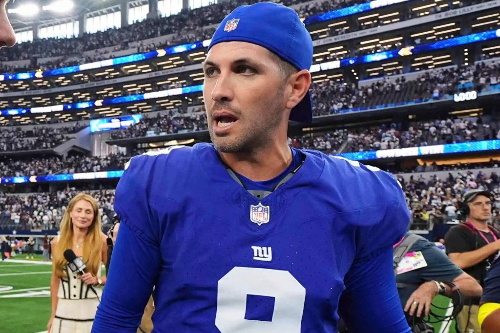An image collage containing 1 images, Image 1 shows Brandon Aubrey (17) of the Dallas Cowboys and Graham Gano (9) of the New York Giants talk after a football game