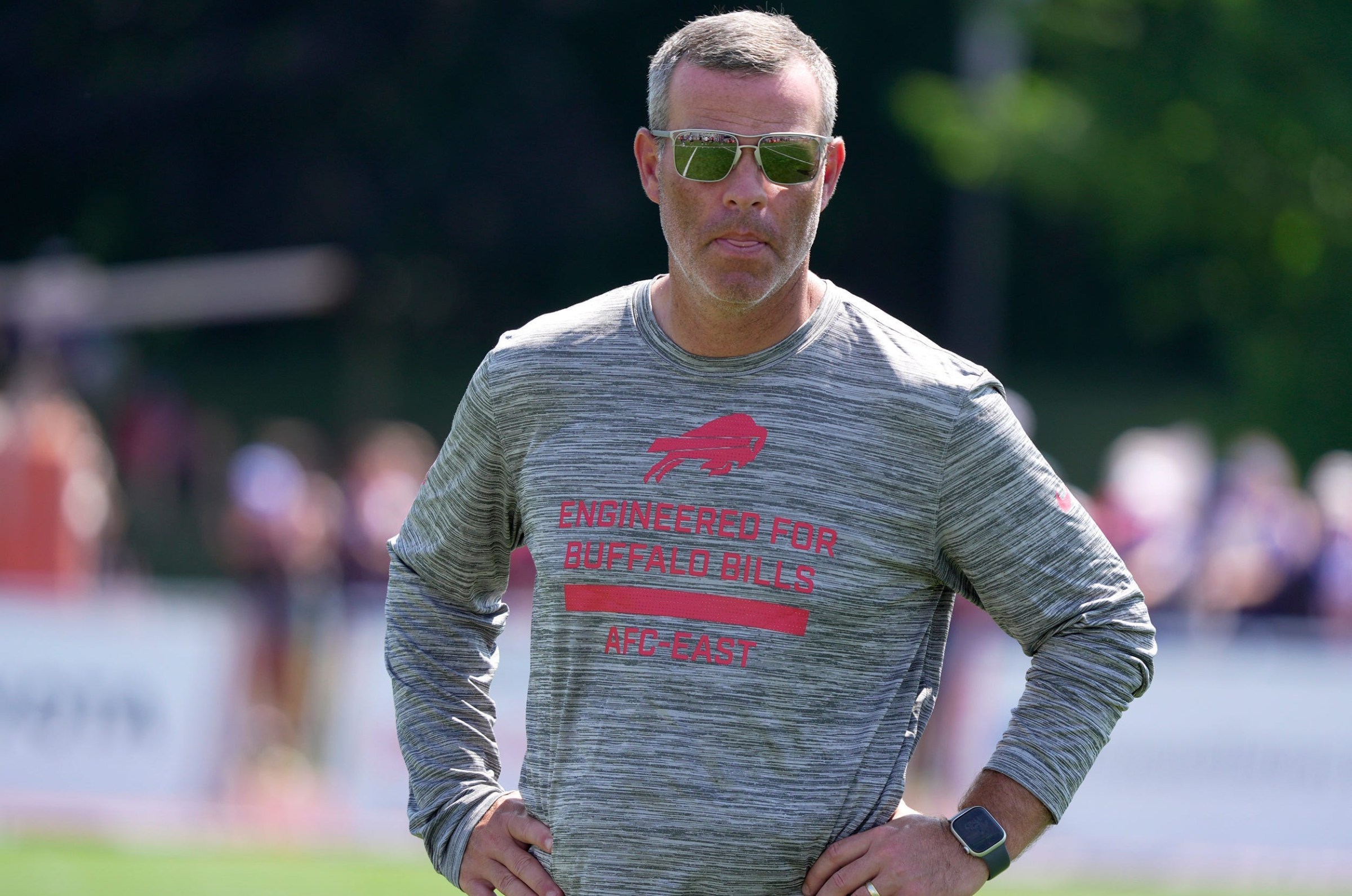 Brandon Beane, general manager of then Buffalo Bills, heads off the field at the end of practice at the Buffalo Bills training camp at St. John Fisher University in Pittsford on July 24, 2025.