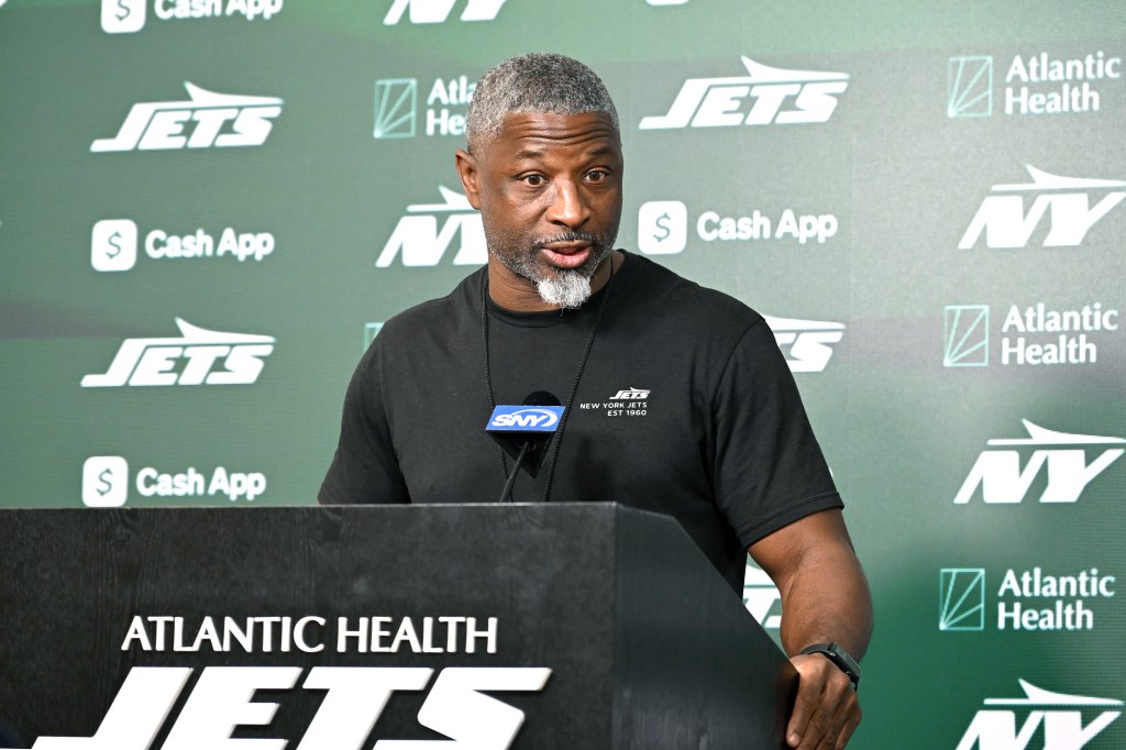 Jets head coach Aaron Glenn speaks to the media before practice in Florham Park, NJ.