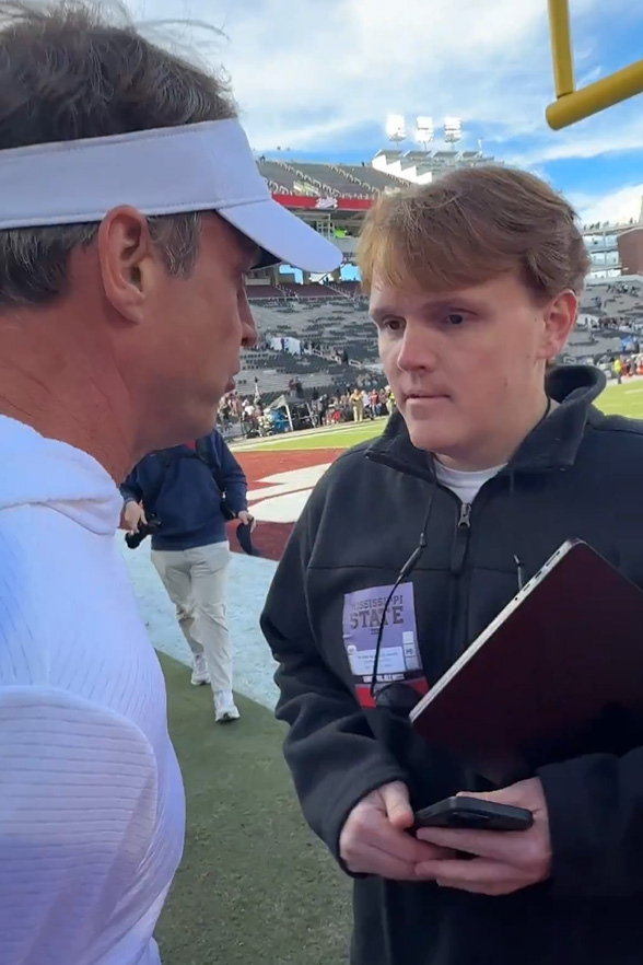 Lane Kiffin confronted a reporter after Ole Miss' win over Mississippi State on Nov. 28.