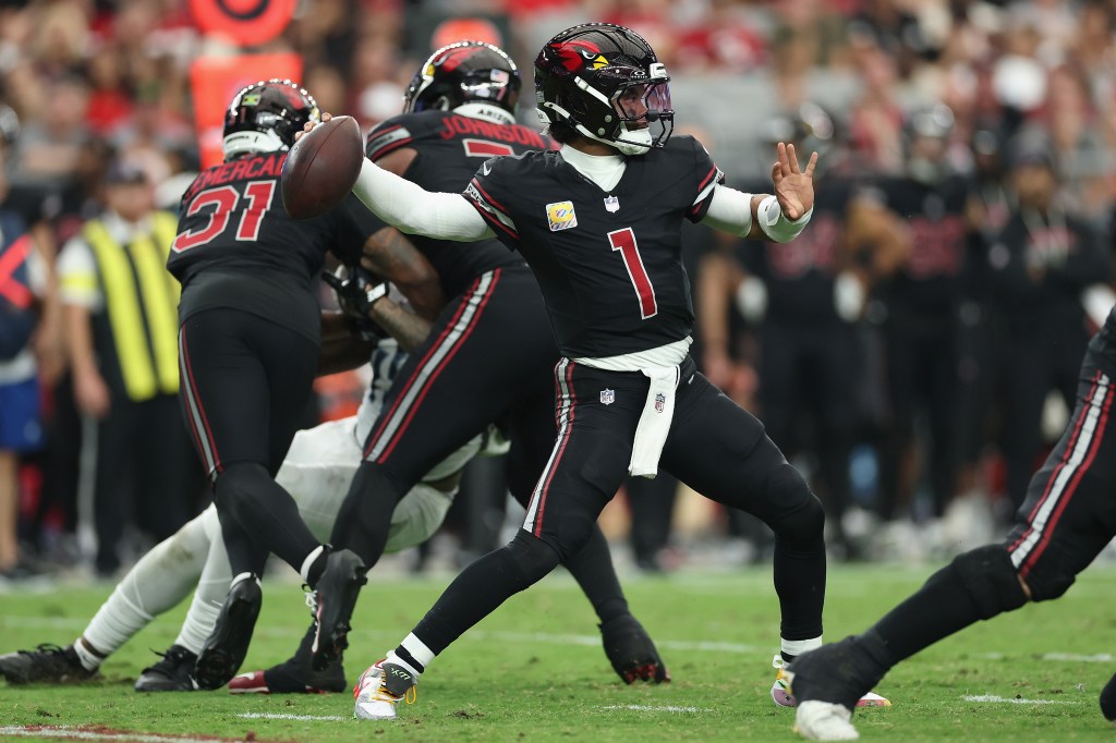 Kyler Murray #1 of the Arizona Cardinals throws a pass during the fourth quarter of the NFL game at State Farm Stadium on October 05, 2025 in Glendale, Arizona. 