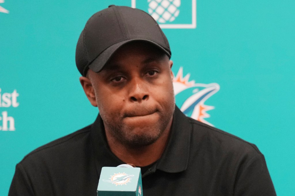 Miami Dolphins general manager Chris Grier at a press conference.