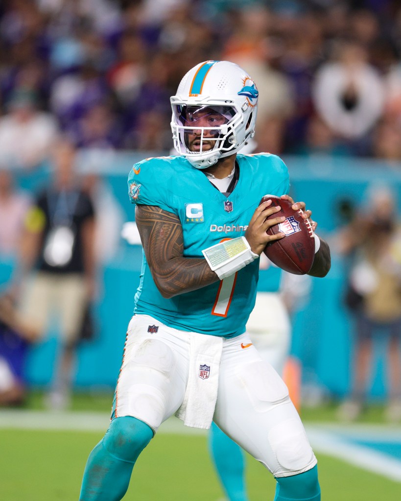 Tua Tagovailoa in action for the Dolphins on Oct. 30, 2025.