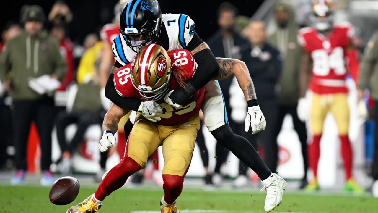 Carolina Panthers safety Tre'Von Moehrig breaks up a pass intended for San Francisco 49ers tight end George Kittle during the first half an NFL football game, Monday, Nov. 24, 2025, in Santa Clara, Calif. (AP Photo/Eakin Howard)