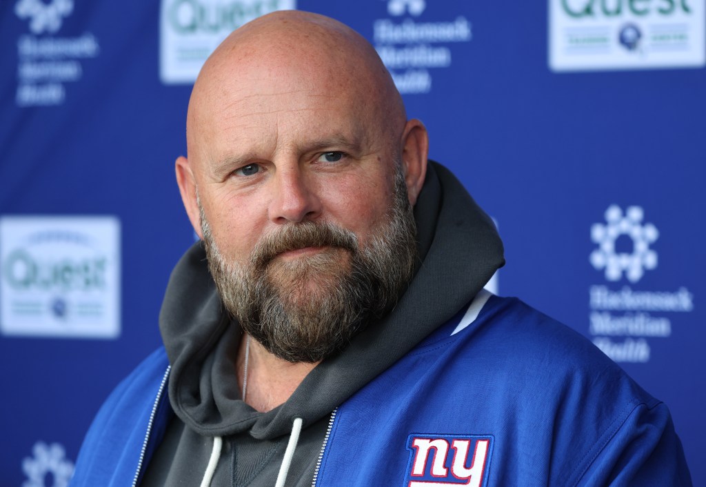 New York Giants head coach Brian Daboll speaking to the media before practice at the New York Giants training facility in East Rutherford, New Jersey.