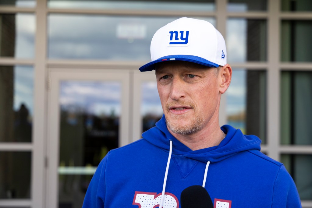 New York Giants outside linebackers coach Charlie Bullen speaks to the media during practice at the Quest Diagnostics center, Friday, Nov. 14, 2025, in East Rutherford, New Jersey.