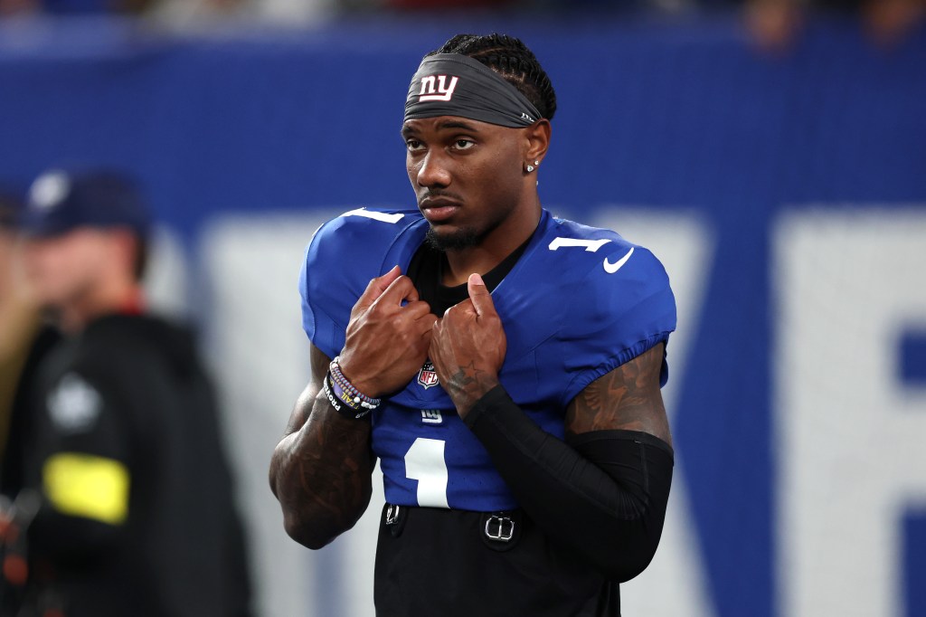 New York Giants wide receiver Malik Nabers (1) before the game against the Kansas City Chiefs at MetLife Stadium.