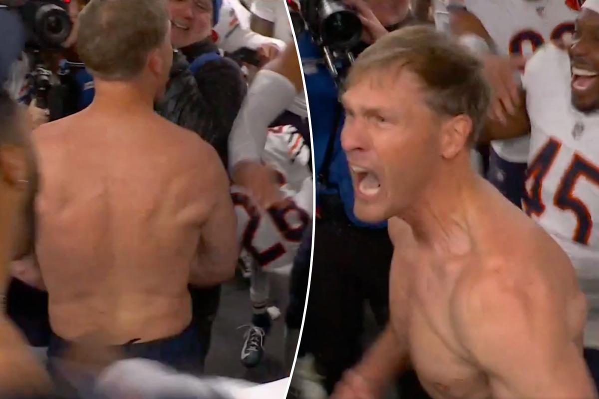 Bears coach Ben Johnson rips shirt off after victory in epic moment