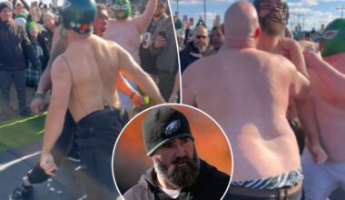 Shirtless Jason Kelce wins belly-bucking match in wild Eagles tailgate scene