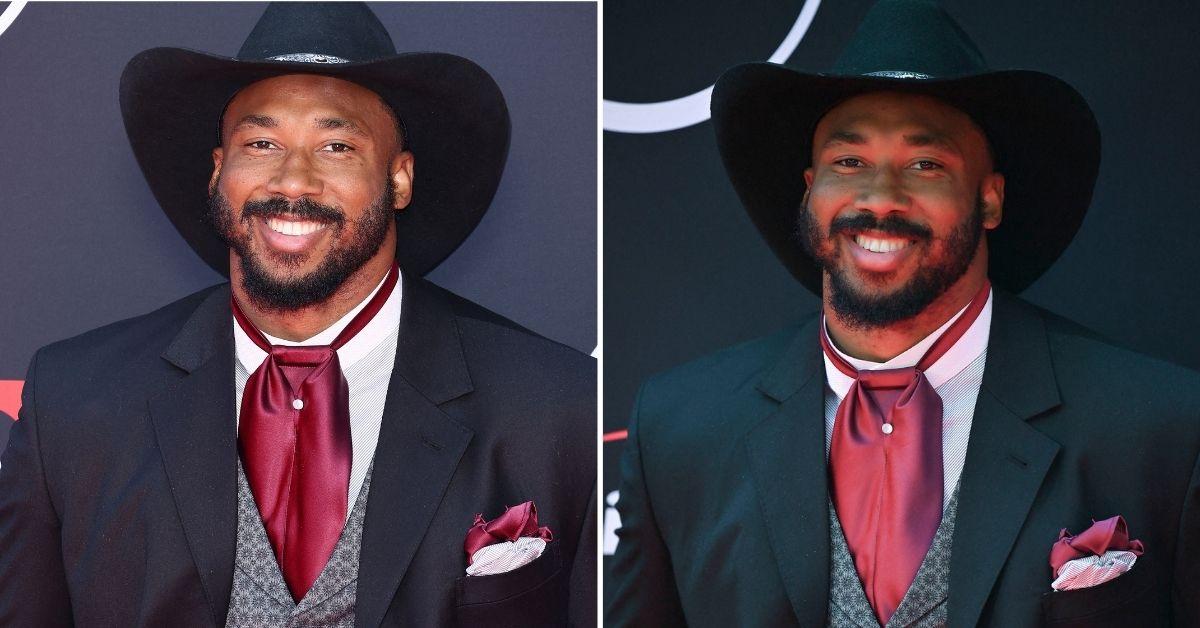 Photo of Myles Garrett reacted to his team's disappointing season during a press conference. 