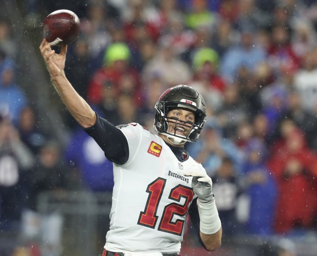 FOXBORO MA. - OCTOBER 3: Tampa Bay Buccaneers quarterback Tom Brady throws during the 1st quarter of the game at Gillette Stadium on October 3, 2021 in Foxboro, MA. (Staff Photo By Nancy Lane/MediaNews Group/Boston Herald)