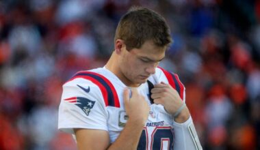 New England Patriots quarterback Drake Maye #10 on the sideline on Cincinnati Bengals final drive during fourth quarter NFL action at Paycor Stadium on November 23, 2025.