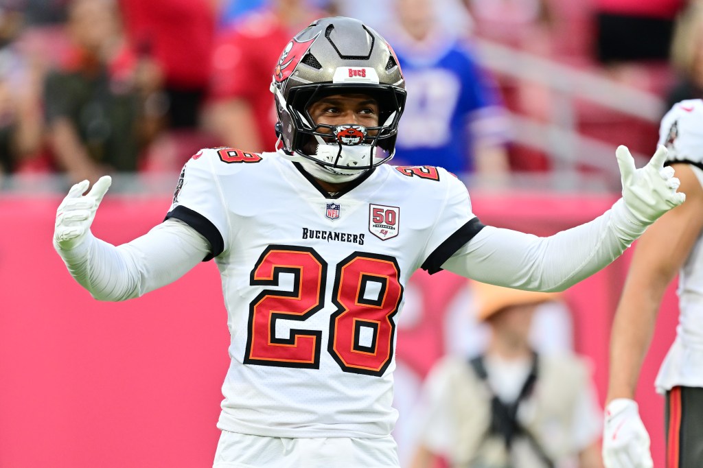 Shilo Sanders #28 of the Tampa Bay Buccaneers reacts during the NFL Preseason 2025 game.