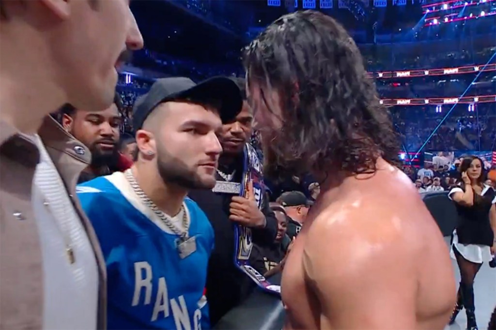 Cam Skattebo (l.) on "Monday Night Raw."