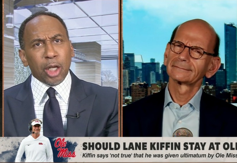 Stephen A. Smith (l.) and Paul Finebaum (r.) during ESPN's "First Take" on Nov. 19, 2025.