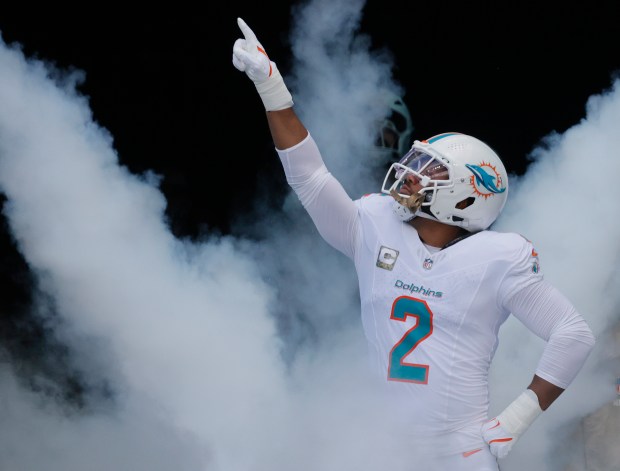 Miami Dolphins linebacker Bradley Chubb takes the field against the...