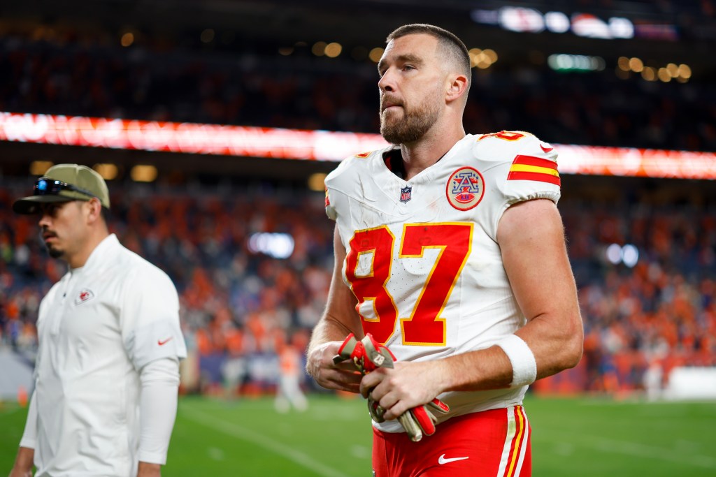 Travis Kelce of the Kansas City Chiefs walks off the field.