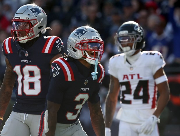 Patriots wide receiver DeMario Douglas celebrates a first down during the second quarter of last Sunday's victory over the Falcons in Foxboro. (Nancy Lane/Boston Herald)
