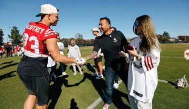 Christian McCaffrey, John Lynch Welcome Military Families at 49ers Salute to Service Practice Visit