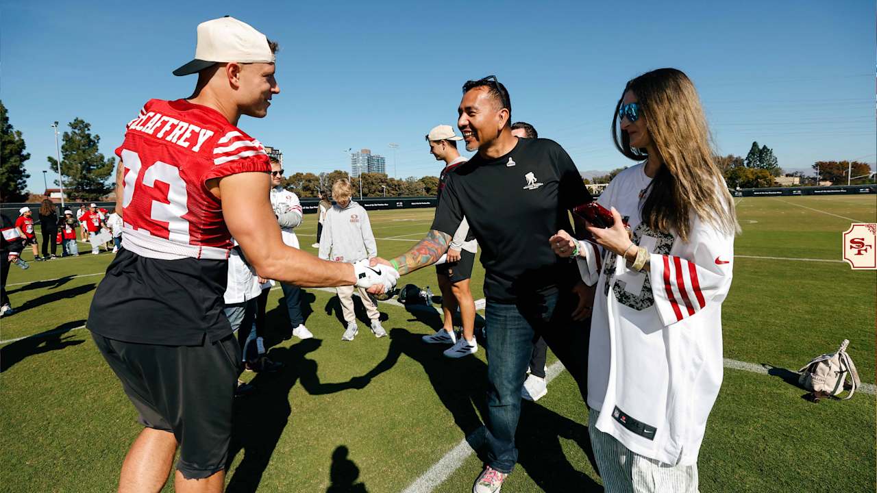 Christian McCaffrey, John Lynch Welcome Military Families at 49ers Salute to Service Practice Visit