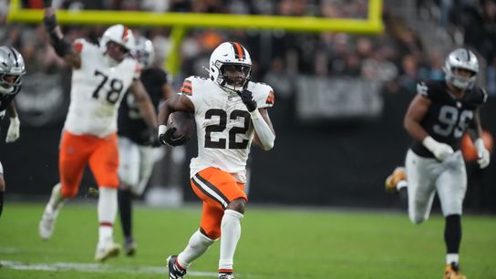 Nov 23, 2025; Paradise, Nevada, USA; Cleveland Browns running back Dylan Sampson (22) carries the ball on a 66-yard touchdown reception against the Las Vegas Raiders in the second half at Allegiant Stadium. 