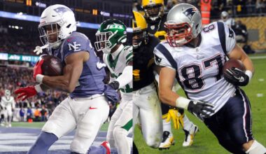 Patriots' TreVeyon Henderson scores 3 touchdowns in win over Jets, matches Rob Gronkowski's rookie mark