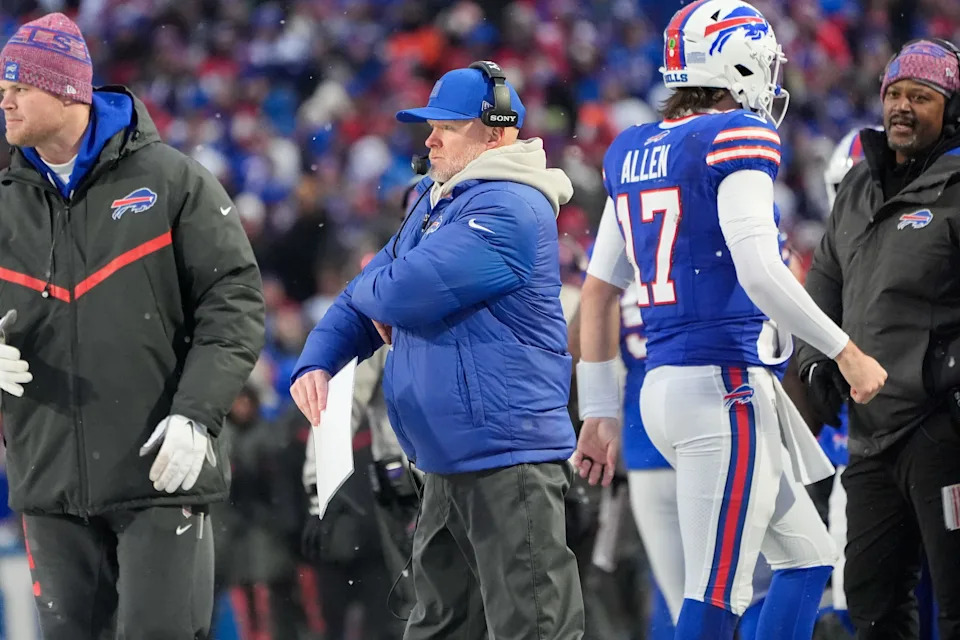 Dec 7, 2025; Orchard Park, New York, USA; Buffalo Bills head coach Sean McDermott looks on during the fourth quarter against the Cincinnati Bengals at Highmark Stadium. Mandatory Credit: Gregory Fisher-Imagn Images