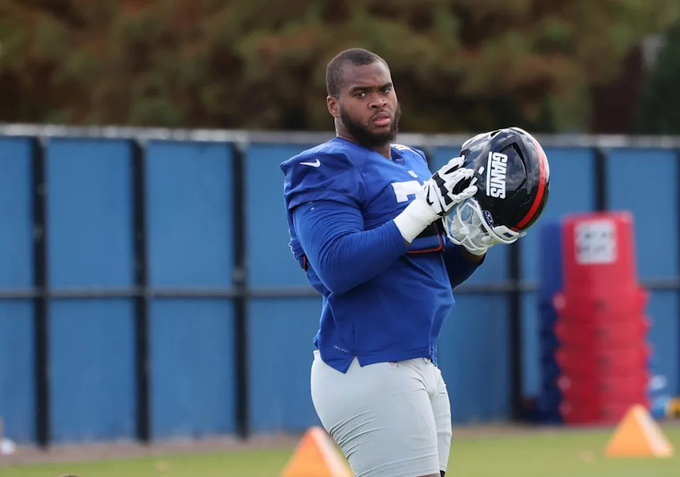 New York Giants offensive tackle Evan Neal #73, during practice at the New York Giants training facility in East Rutherford, New Jersey. Charles Wenzelberg / New York Post