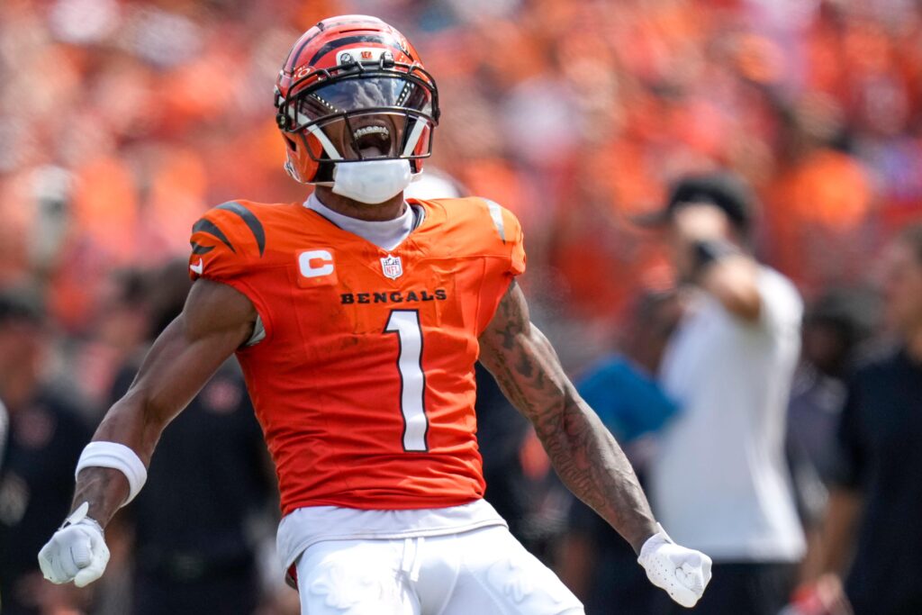 Cincinnati Bengals wide receiver Ja'Marr Chase (1) celebrates after breaking away for a long run on a reception in the second quarter of the NFL Week 2 game between the Cincinnati Bengals and the Jacksonville Jaguars at Paycor Stadium in downtown Cincinnati on Sunday, Sept. 14, 2025. The Jaguars led 17-10 at halftime.