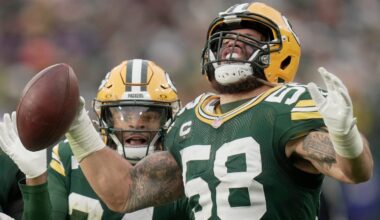 Green Bay Packers linebacker Isaiah McDuffie (58) celebrates his interception during the fourth quarter of their game Sunday, November 23, 2025, at Lambeau Field in Green Bay, Wisconsin.