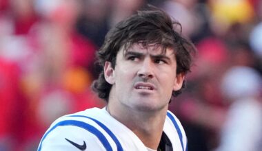 Indianapolis Colts quarterback Daniel Jones looks at the scoreboard