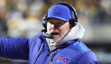 Nov 30, 2025; Pittsburgh, Pennsylvania, USA;  Buffalo Bills head coach Sean McDermott looks on during the second quarter against the Pittsburgh Steelers at Acrisure Stadium. Mandatory Credit: Charles LeClaire-Imagn Images