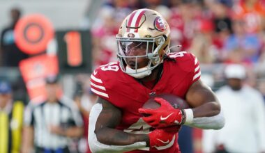 Aug 9, 2025; Santa Clara, California, USA;  San Francisco 49ers running back Corey Kiner (49) runs the ball in the second quarter against Denver Broncos at Levi's Stadium. Mandatory Credit: David Gonzales-Imagn Images
