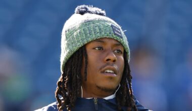 Rashid Shaheed of the Seattle Seahawks watches warmups