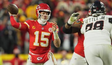 Jan 18, 2025; Kansas City, Missouri, USA; Kansas City Chiefs quarterback Patrick Mahomes (15) throws a pass against the Houston Texans during the third quarter of a 2025 AFC divisional round game at GEHA Field at Arrowhead Stadium.
