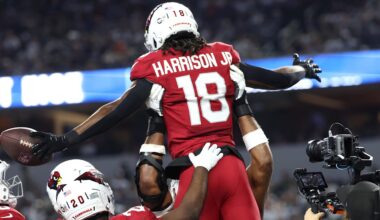 Nov 3, 2025; Arlington, Texas, USA; Arizona Cardinals wide receiver Marvin Harrison Jr. (18) celebrates with teammates after scoring a touchdown against the Dallas Cowboys in the first half at AT&T Stadium. Mandatory Credit: Kevin Jairaj-Imagn Images