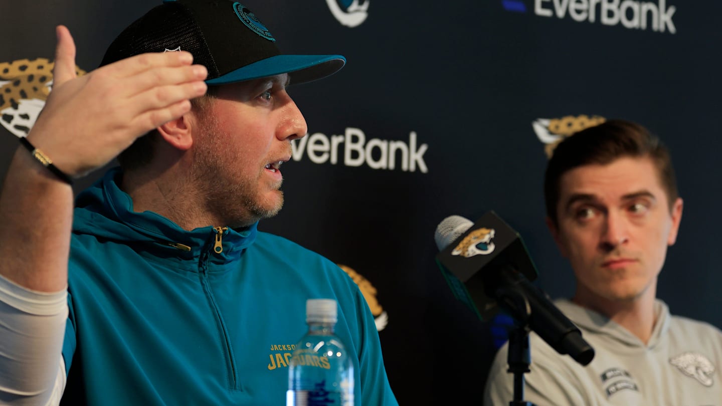 Jacksonville Jaguars head coach Liam Coen, left, speaks during a press conference next to general manager James Gladstone at Miller Electric Center Tuesday, April 15, 2025 in Jacksonville, Fla.