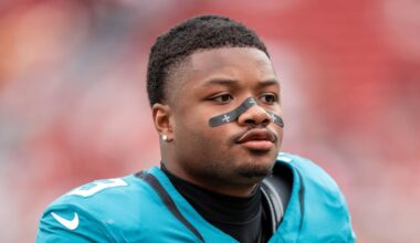 September 28, 2025; Santa Clara, California, USA; Jacksonville Jaguars cornerback Tyson Campbell (3) after the game against the San Francisco 49ers at Levi's Stadium.