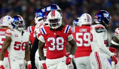 Dec 1, 2025; Foxborough, Massachusetts, USA; New England Patriots running back Rhamondre Stevenson (38) celebrates after a run during the second quarter against the New York Giants at Gillette Stadium. Mandatory Credit: David Butler II-Imagn Images