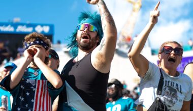 Jaguar fans were upset with officials during a call in the fourth quarter in an NFL football game at EverBank Stadium, Sunday, November 16, 2025, in Jacksonville, Fla. while playing the Los Angeles Chargers.