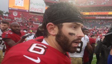 Tampa Bay Buccaneers QB Baker Mayfield wasn't in a good mood after the team's embarrassing loss to the Saints in Week 14. (Mandatory Credit: Nathan Ray Seebeck-Imagn Images)