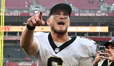 New Orleans Saints QB Tyler Shough (6) celebrates after beating the Tampa Bay Buccaneers on Dec. 7, 2025.