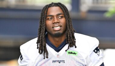 Jun 9, 2025; Foxborough, MA, USA; New England Patriots running back Rhamondre Stevenson (38) walks to the practice fields at Gillette Stadium. Mandatory Credit: Eric Canha-Imagn Images