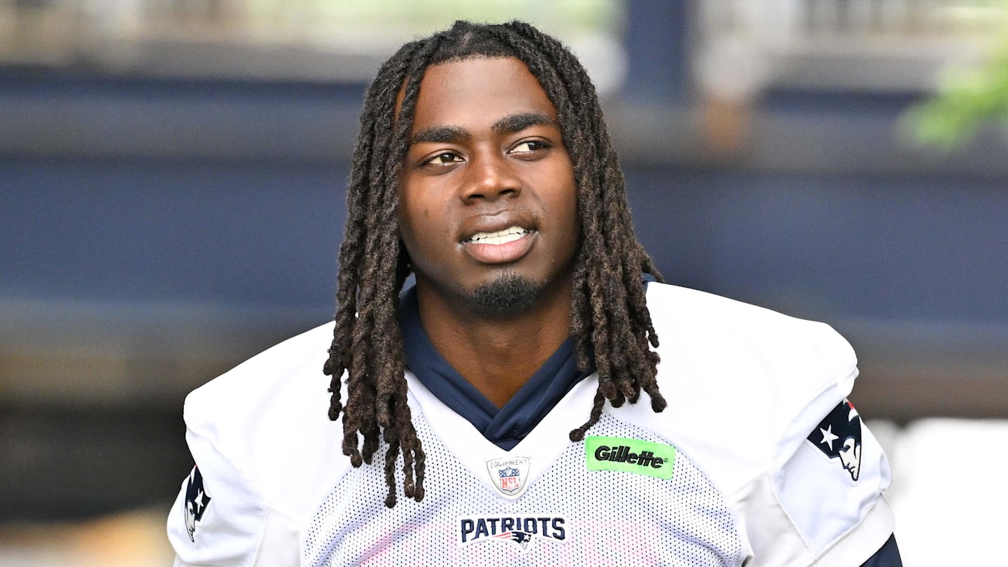 Jun 9, 2025; Foxborough, MA, USA; New England Patriots running back Rhamondre Stevenson (38) walks to the practice fields at Gillette Stadium. Mandatory Credit: Eric Canha-Imagn Images