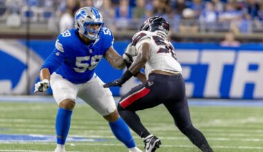 Aug 23, 2025; Detroit, Michigan, USA; Detroit Lions offensive tackle Giovanni Manu (59) defends against Houston Texans defensive end Solomon Byrd (50) during the second half at Ford Field. Mandatory Credit: David Reginek-Imagn Images