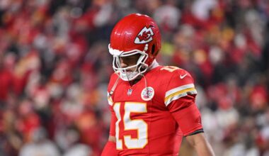 Dec 7, 2025; Kansas City, Missouri, USA; Kansas City Chiefs quarterback Patrick Mahomes (15) is seen during the second quarter against the Houston Texans at GEHA Field at Arrowhead Stadium. Mandatory Credit: Amy Kontras-Imagn Images