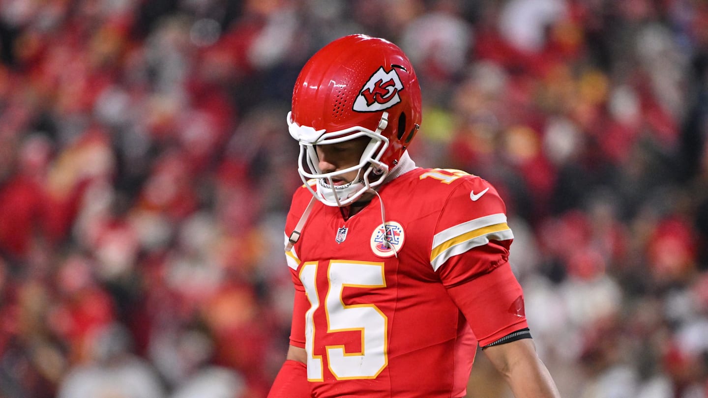 Dec 7, 2025; Kansas City, Missouri, USA; Kansas City Chiefs quarterback Patrick Mahomes (15) is seen during the second quarter against the Houston Texans at GEHA Field at Arrowhead Stadium. Mandatory Credit: Amy Kontras-Imagn Images