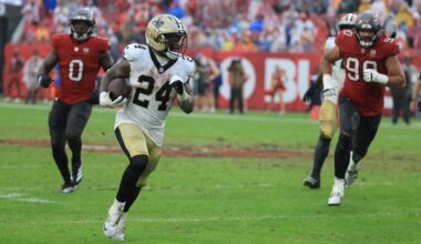 Dec 7, 2025; Tampa, Florida, USA; New Orleans Saints running back Devin Neal (24) runs for a gain during the third quarter against the Tampa Bay Buccaneers at Raymond James Stadium. Mandatory Credit: Kim Klement Neitzel-Imagn Images