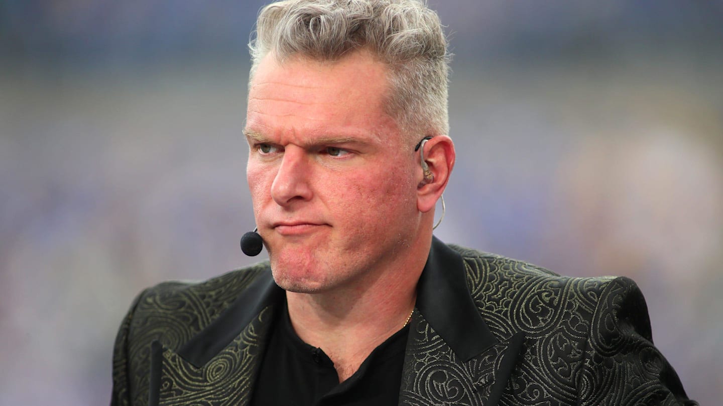 ESPN analyst Pat McAfee broadcasts live from the sidelines of Acrisure Stadium in Pittsburgh, PA prior to the start of the Pittsburgh Panthers vs Notre Dame Fighting Irish game on November 15, 2025.