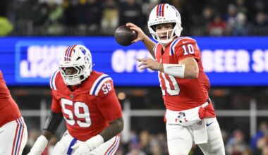 Dec 1, 2025; Foxborough, Massachusetts, USA; New England Patriots quarterback Drake Maye (10) throws a pass during the second quarter against the New York Giants at Gillette Stadium. Mandatory Credit: Eric Canha-Imagn Images